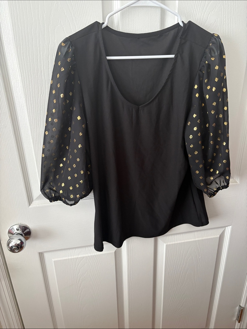 Black Blouse with Gold Dot Sheer Sleeves